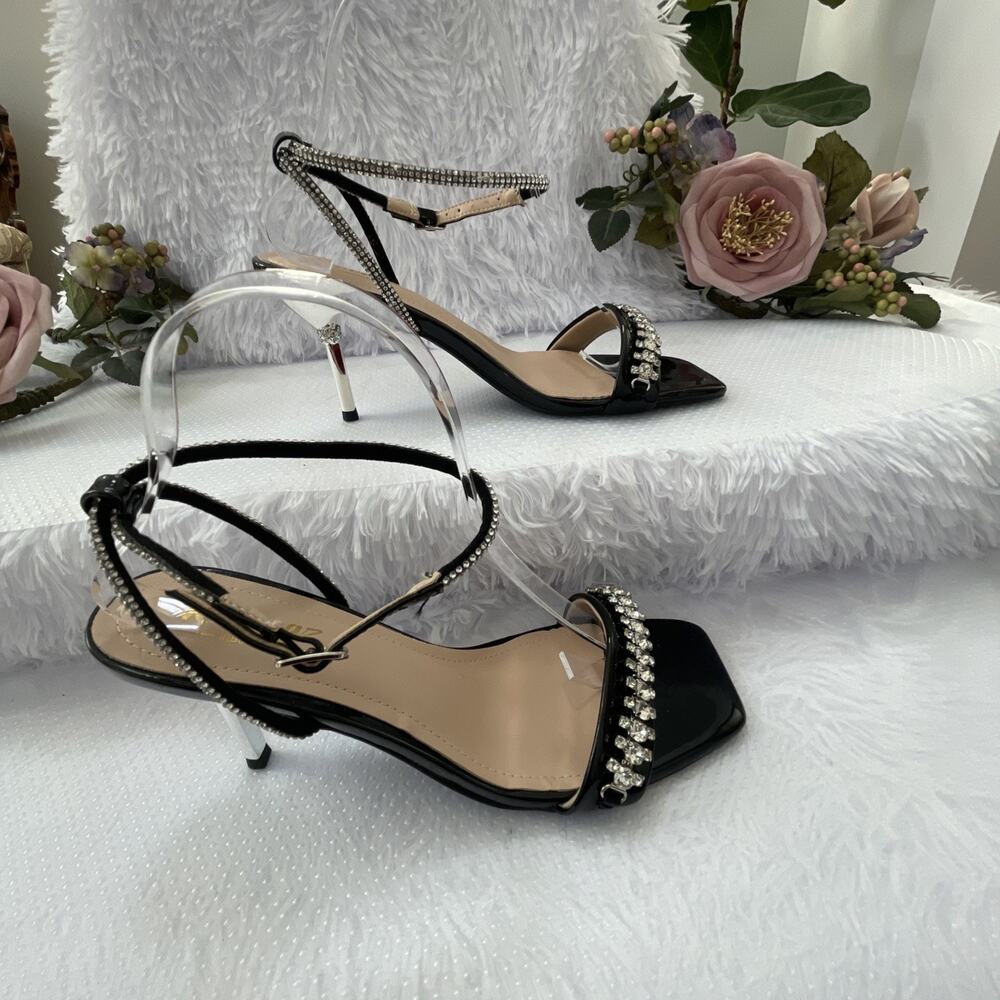 Ribongz Women 8.5 Black Rhinestone Ankle Strap Stiletto Sandals Square Toe Heels